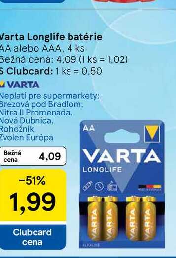 Varta Longlife batérie AA alebo AAA, 4 ks 