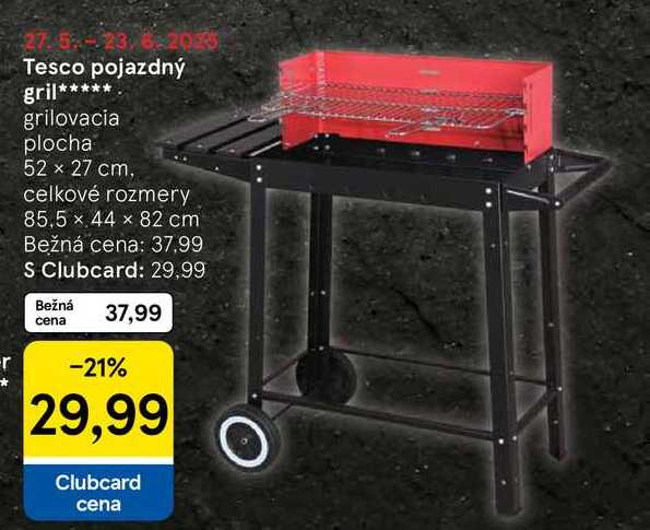 Tesco pojazdný gril, grilovacia plocha 52 x 27 cm, celkové rozmery 85.5 x 44 x 82 cm
