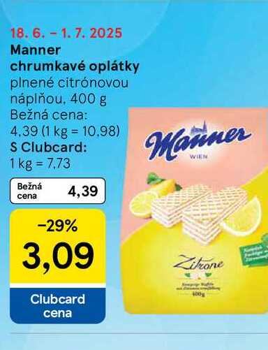Manner chrumkavé oplátky plnené citrónovou náplňou, 400 g
