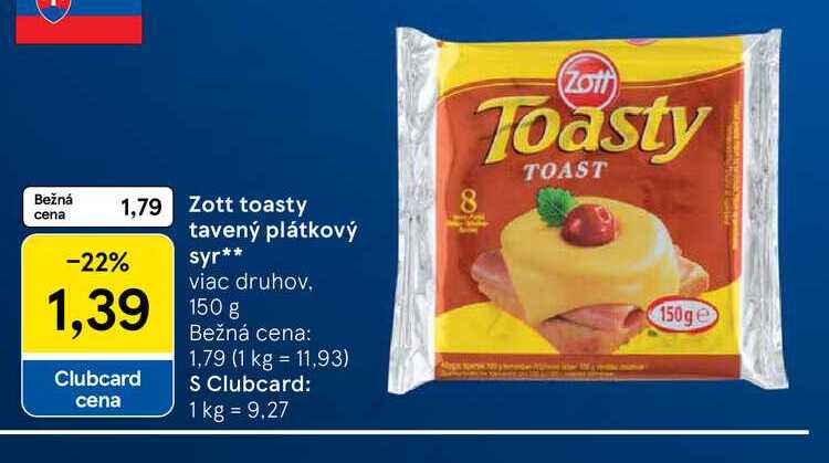 Zott toasty 8 tavený plátkový syr 150g