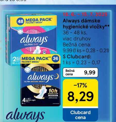 Always dámske hygienické vložky 36 - 48 ks
