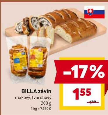 BILLA závin makový, tvarohový 200 g 