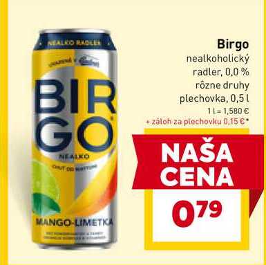 Birgo nealkoholický radler, 0,0% rôzne druhy plechovka, 0,5l 