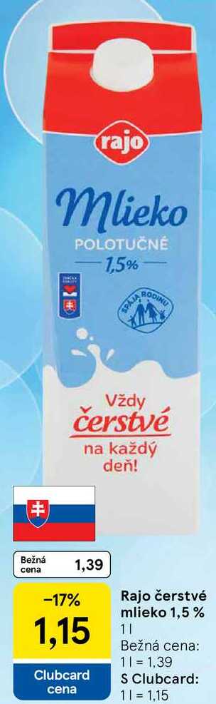 Rajo čerstvé mlieko 1,5%, 1 l
