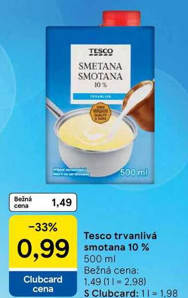 Tesco trvanlivá smotana 10 %, 500 ml 