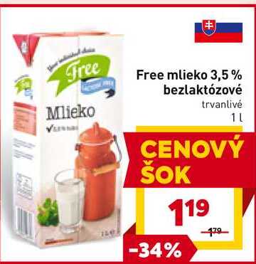 Free mlieko 3,5% bezlaktózové Mlieko trvanlivé 1L 
