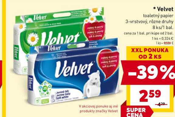Velvet toaletný papier 3-vrstvový, rôzne druhy 8 ks/1 bal. 