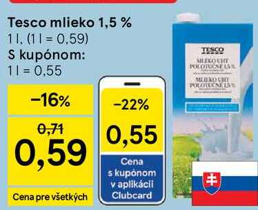 Tesco mlieko 1,5 %, 1 l