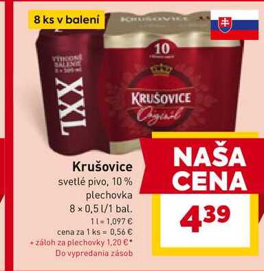 Krušovice svetlé pivo, 10% plechovka 8 x 0,5 l