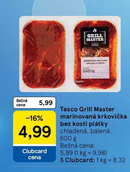 Tesco Grill Master marinovaná krkovička bez kosti plátky chladená, balená, 600 g 