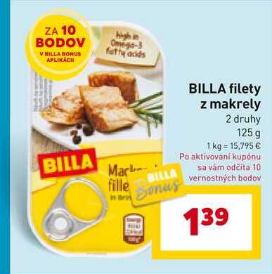 BILLA filety z makrely 2 druhy 125 g 