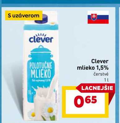 Clever POLOTUČNE MLIEKO mlieko 1,5% čerstvé 1l