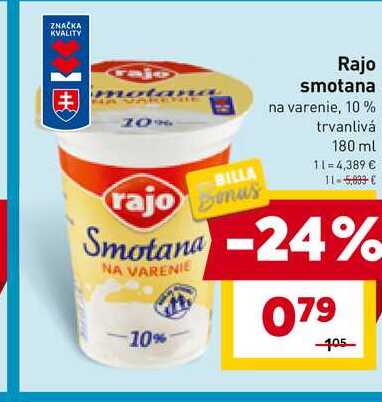 Rajo smotana na varenie, 10% trvanlivá 180 ml 