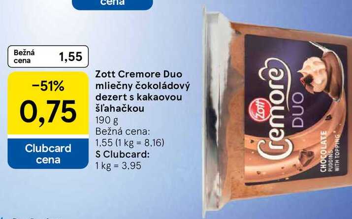 Zott Cremore Duo mliečny čokoládový dezert s kakaovou šľahačkou, 190 g 