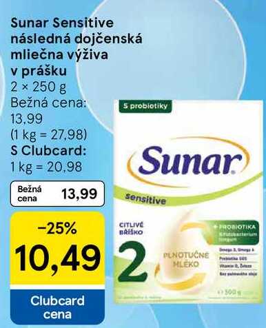 Sunar Sensitive následná dojčenská mliečna výživa v prášku, 2x 250 g 