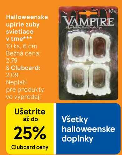 Halloweenske upírie zuby svietiace v tme