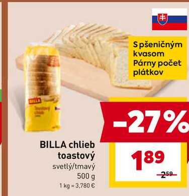 BILLA chlieb toastový svetlý/tmavý 500 g 