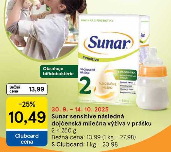 Sunar sensitive následná dojčenská mliečna výživa v prášku, 2x 250 g 