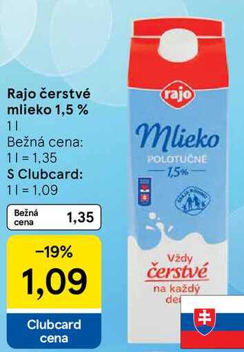 Rajo čerstvé mlieko 1,5 %, 1 l