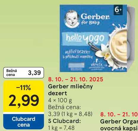 Gerber mliečny dezert, 4x 100 g