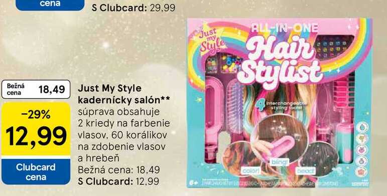 Just My Style kadernícky salón - súprava obsahuje 2 kriedy na farbenie vlasov, 60 korálikov na zdobenie vlasov a hrebeň