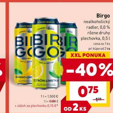 Birgo nealkoholický radler, 0,0% rôzne druhy plechovka, 0,5l