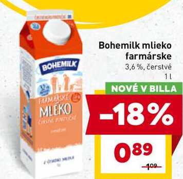 Bohemilk mlieko farmárske 3,6%, čerstvé 1L