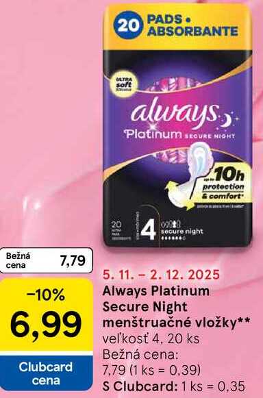 Always Platinum Secure Night menštruačné vložky