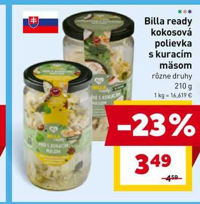 Billa ready kokosová polievka s kuracím mäsom rôzne druhy 210 g