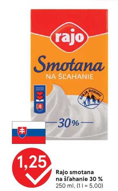 Rajo smotana na šľahanie 30 % 250 ml
