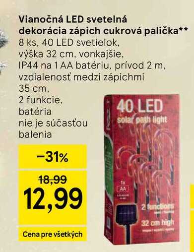 Vianočná LED svetelná dekorácia zápich cukrová palička 8 ks, 40 LED svetielok, výška 32 cm