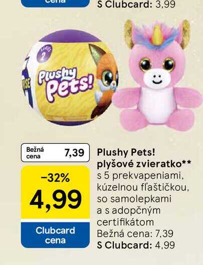 Plushy Pets! plyšové zvieratko s 5 prekvapeniami, kúzelnou fľaštičkou, so samolepkami a s adopčným certifikátom
