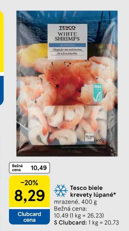 Tesco biele krevety lúpané mrazené, 400 g 