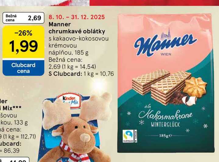 Manner chrumkavé oblátky s kakaovo-kokosovou krémovou náplňou, 185 g