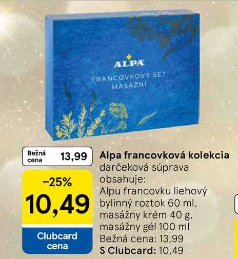 Alpa francovková kolekcia darčeková súprava, obsahuje: bylinný roztok 60 ml, masážny krém 40 g, masážny gél 100 ml
