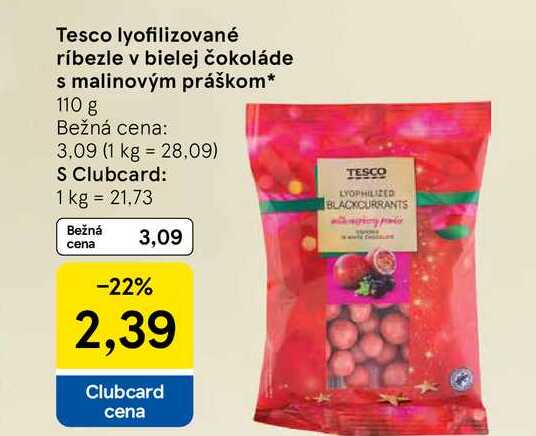 Tesco lyofilizované ríbezle v bielej čokoláde s malinovým práškom 110 g