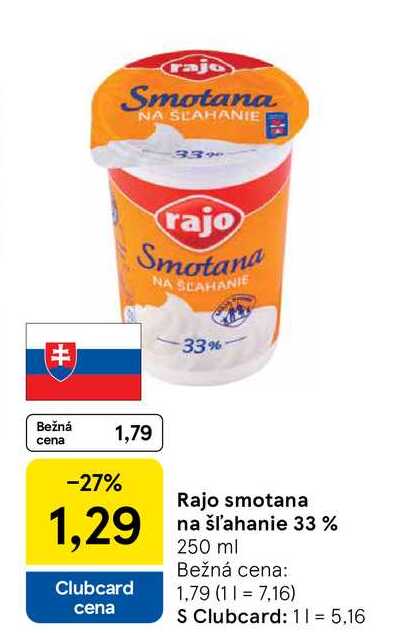 Rajo smotana na šľahanie 33% 250 ml