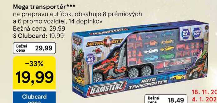 Mega transportér na prepravu autíčok, obsahuje 8 prémiových a 6 promo vozidiel, 14 doplnkov