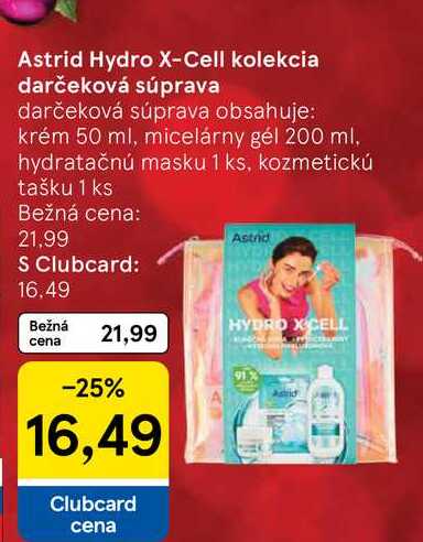 Astrid Hydro X-Cell kolekcia darčeková súprava darčeková súprava obsahuje: krém 50 ml, micelárny gél 200 ml, hydratačnú masku 1 ks, kozmetickú tašku