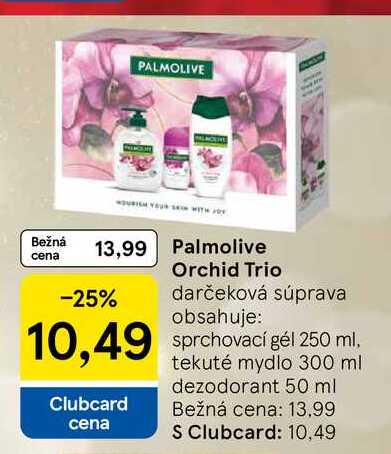 Palmolive Orchid Trio darčeková súprava obsahuje: sprchovací gél 250 ml, tekuté mydlo 300 ml dezodorant 50 ml