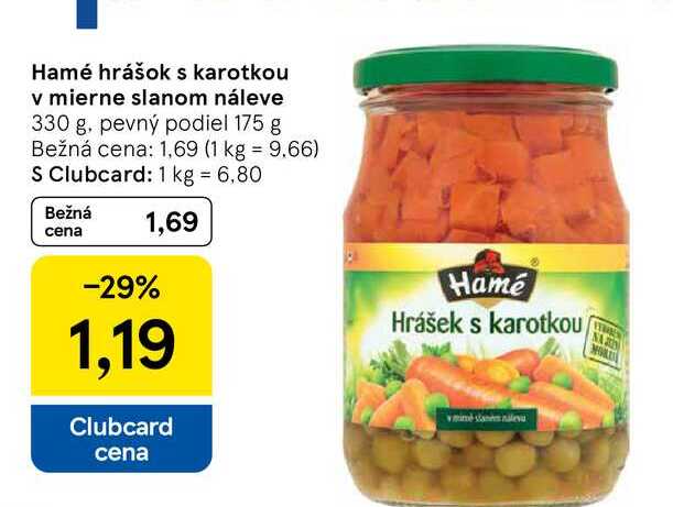 Hamé hrášok s karotkou v mierne slanom náleve 330 g, pevný podiel 175 g