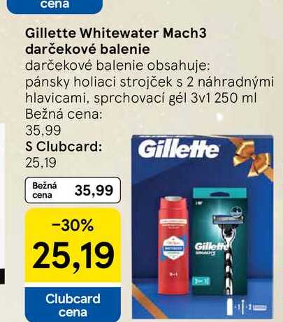 Gillette Whitewater Mach3 darčekové balenie obsahuje: pánsky holiaci strojček s 2 náhradnými hlavicami, sprchovací gél 3v1 250 ml 