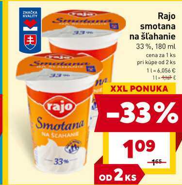 Rajo smotana na šľahanie 33%, 180 ml