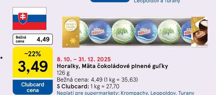 Horalky, Mäta čokoládové plnené guľky 126 g 