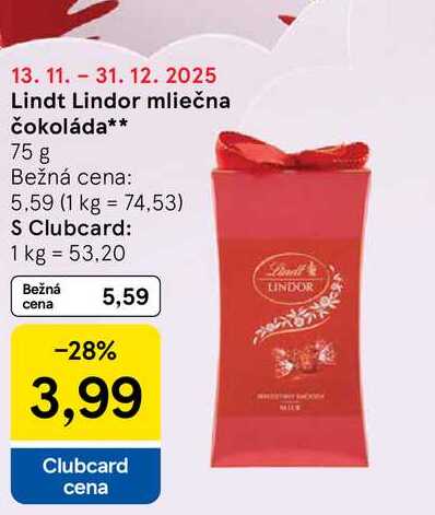 Lindt Lindor mliečna čokoláda 75 g 
