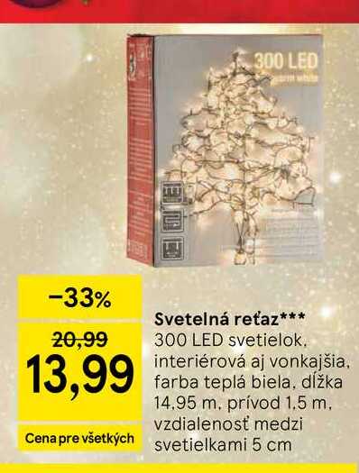 Svetelná reťaz 300 LED svetielok, interiérová aj vonkajšia, farba teplá biela, dĺžka 4.95 m. prívod 1.5 m