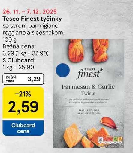 Tesco Finest tyčinky so syrom parmigiano reggiano a s cesnakom, 100 g 
