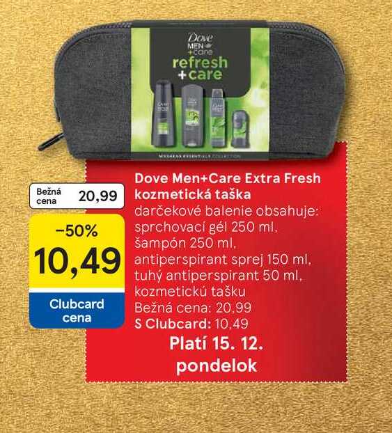 Dove Men+Care Extra Fresh kozmetická taška obsahuje: sprchovací gél 250 ml, šampón 250 ml, antiperspirant sprej 150 ml, tuhý antiperspirant 50 ml, kozmetickú tašku