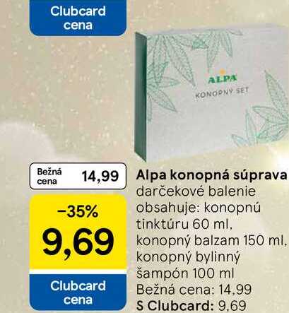 Alpa konopná súprava darčekové balenie obsahuje: konopnú tinktúru 60 ml, konopný balzam 150 ml, konopný bylinný šampón 100 ml