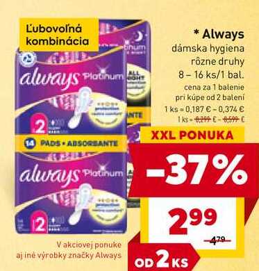 Always dámska hygiena rôzne druhy 8-16 ks/1 bal. 